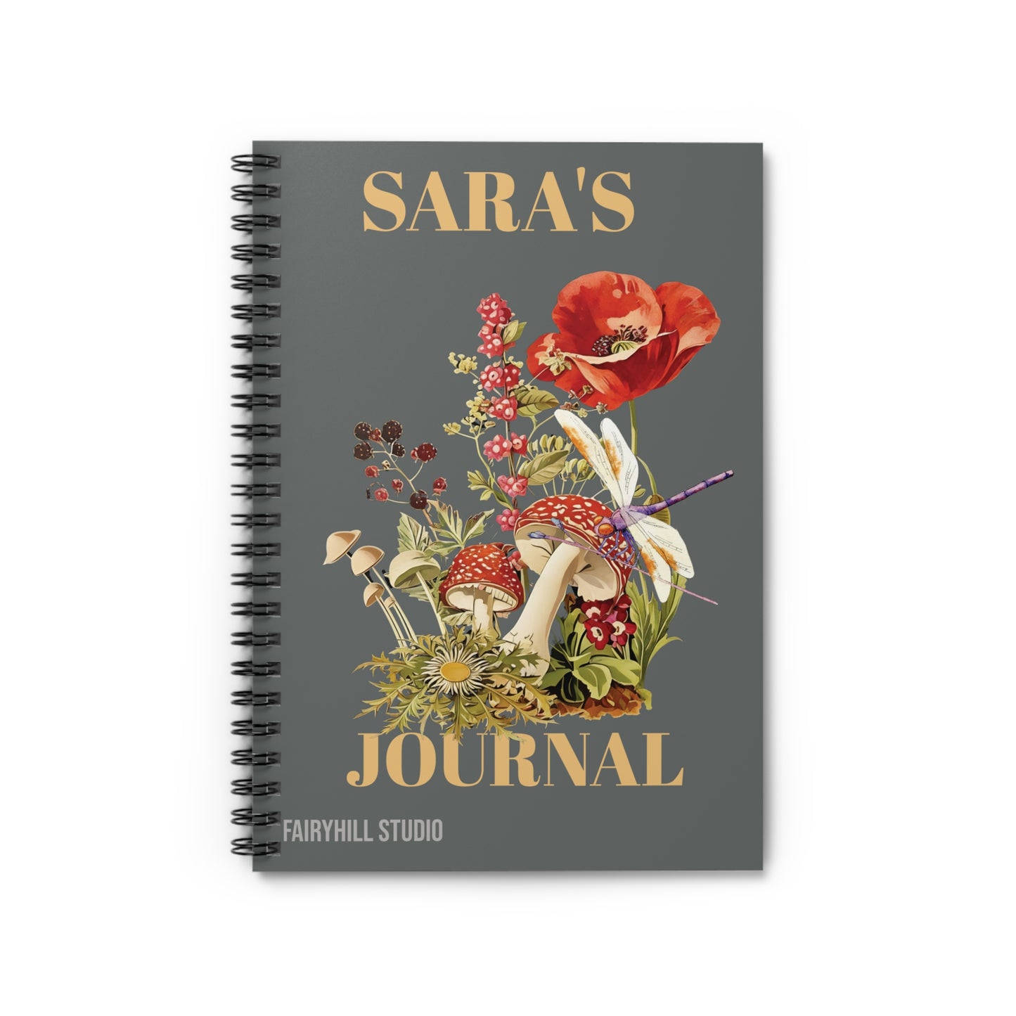 Botanical Mushroom,Dragonfly, Personalized Notebook, Personalized journal, Mushroom, Wildflower,