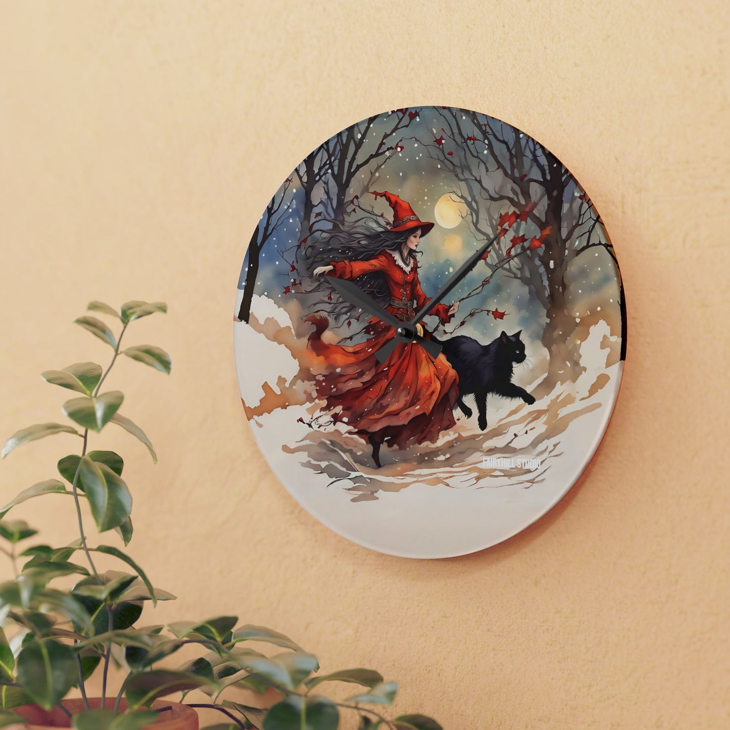 Acrylic Wall ClockThe Crimson Witch and black cat /Art