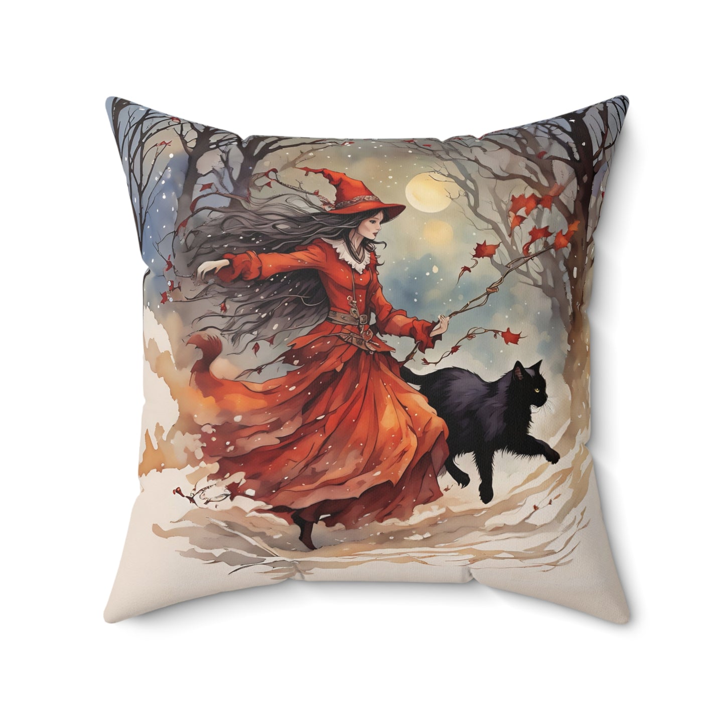Crimson witch with black cat pillow Square Pillow - by Fairyhill Studio