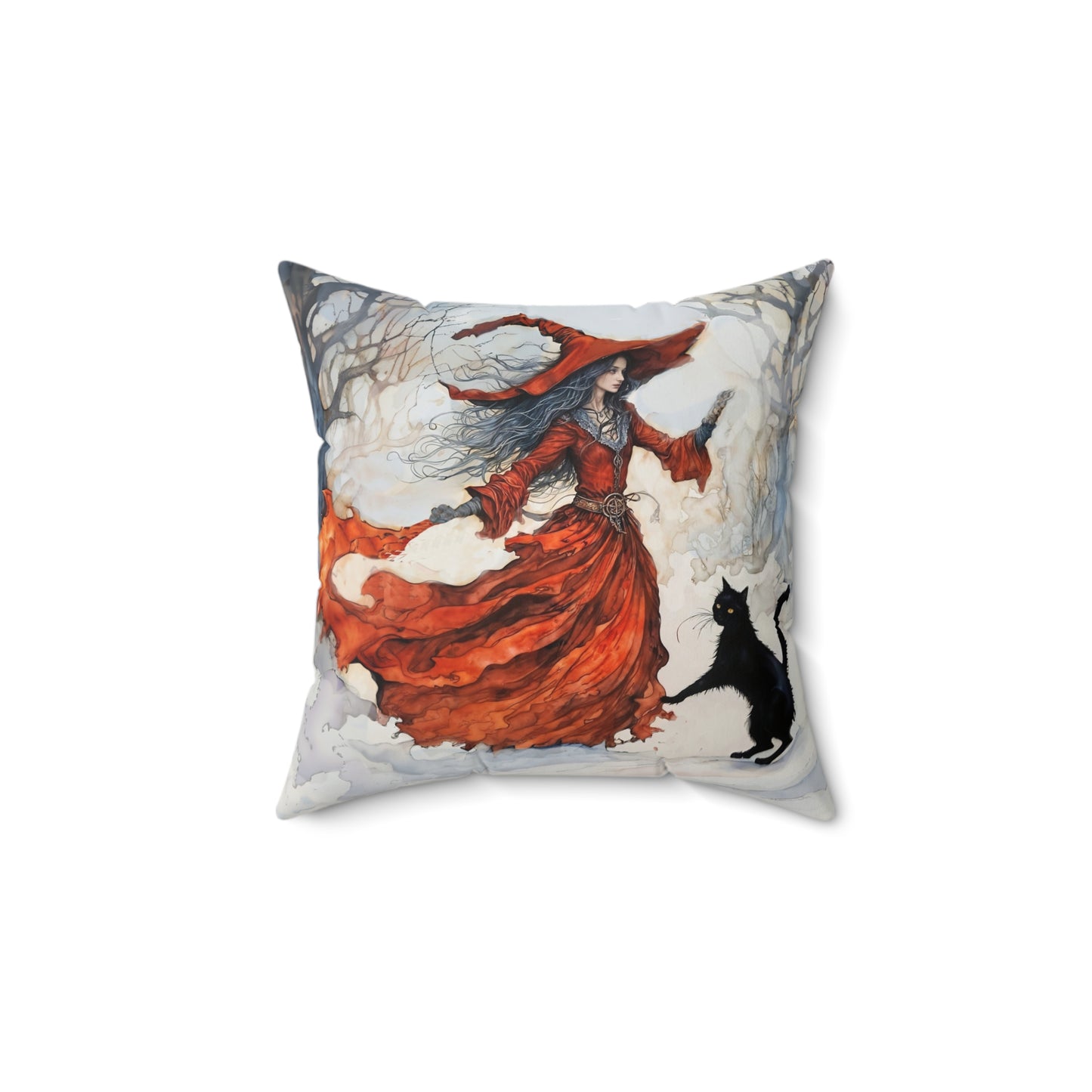 Crimson snow witch with black cat pillow  Square Pillow - by Fairyhill Studio