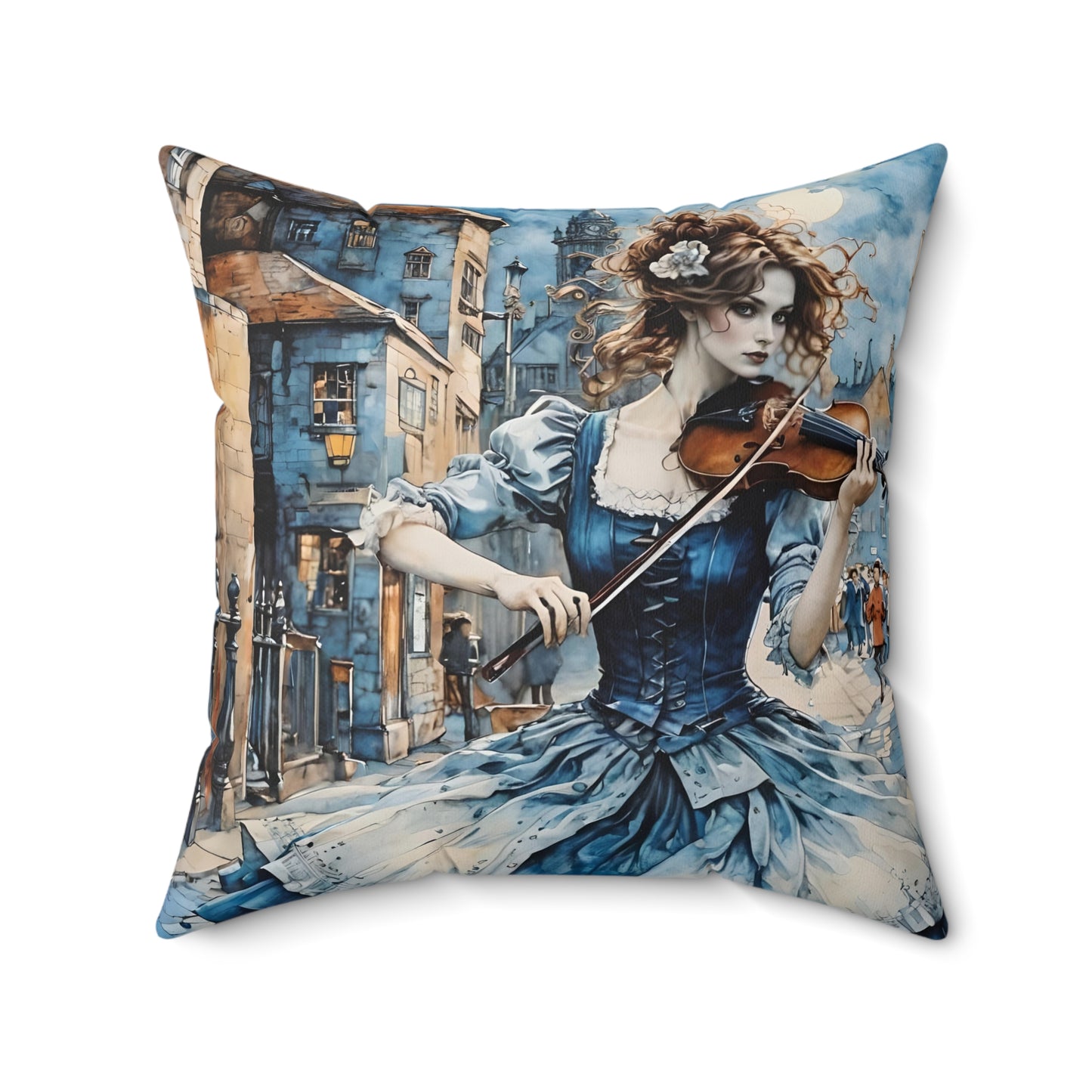 Square Pillow Blue Gypsy Violinist Girl Art