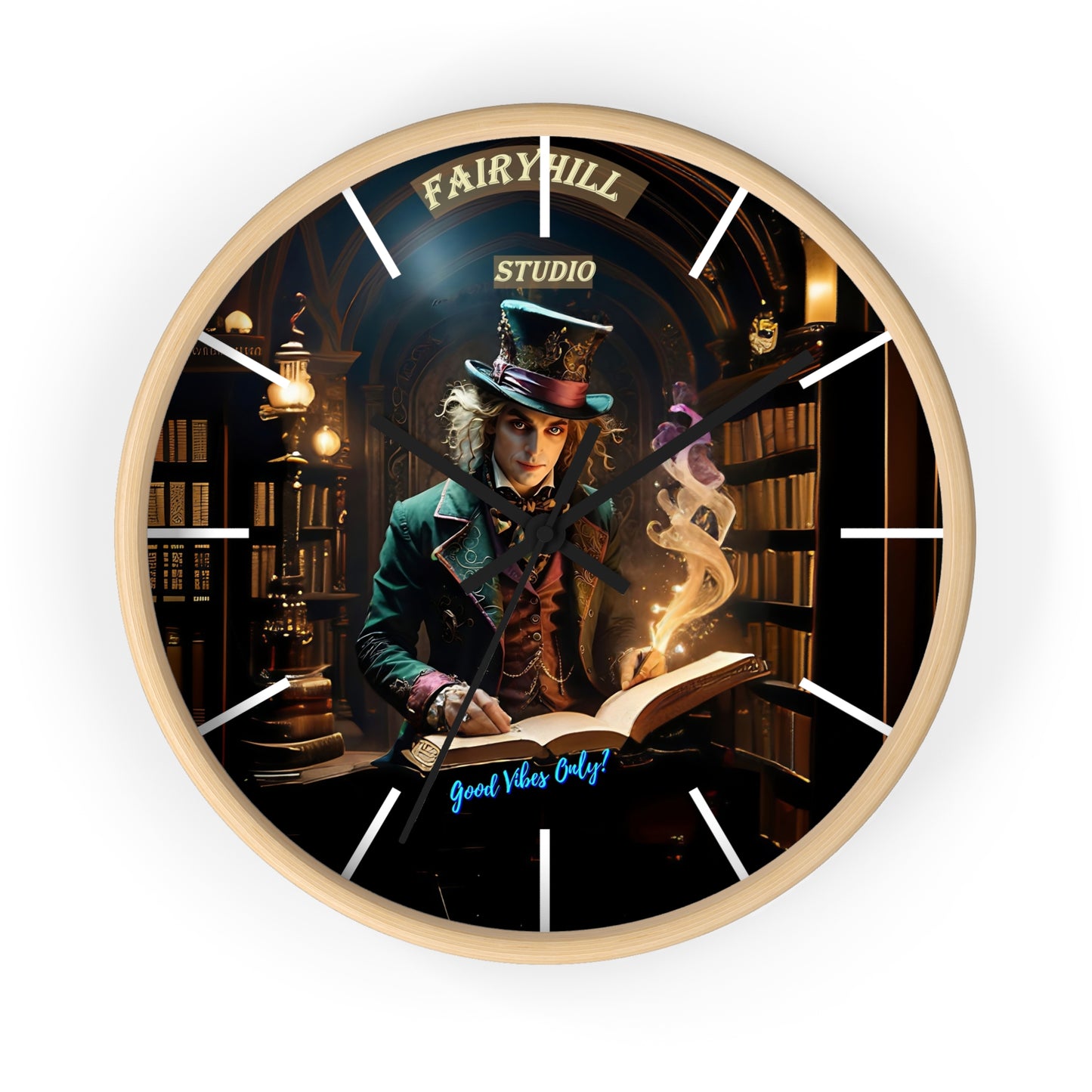 Wall Clock - "Good Vibes Only" Mad Hatter with Books
