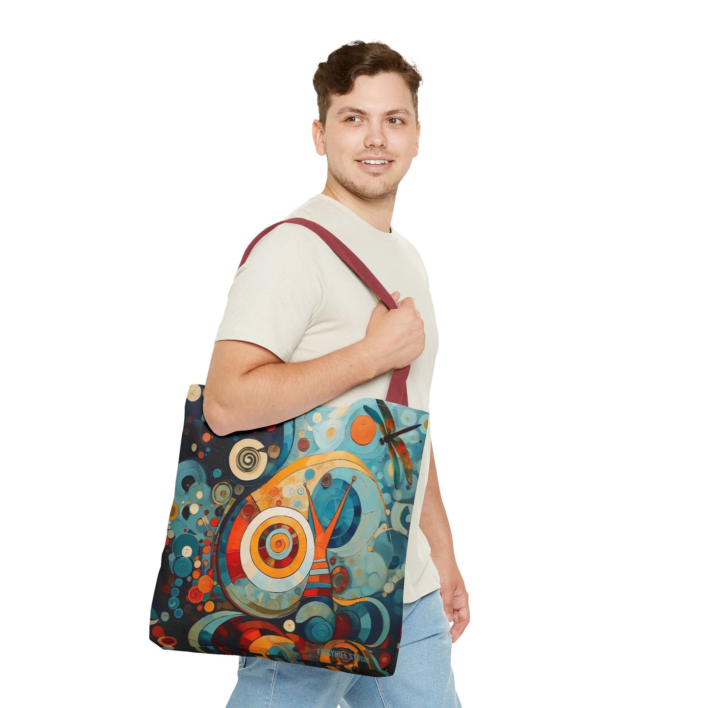 Canvas tote bag Art - Abstract Colorful Snail Dragonfly Circle
