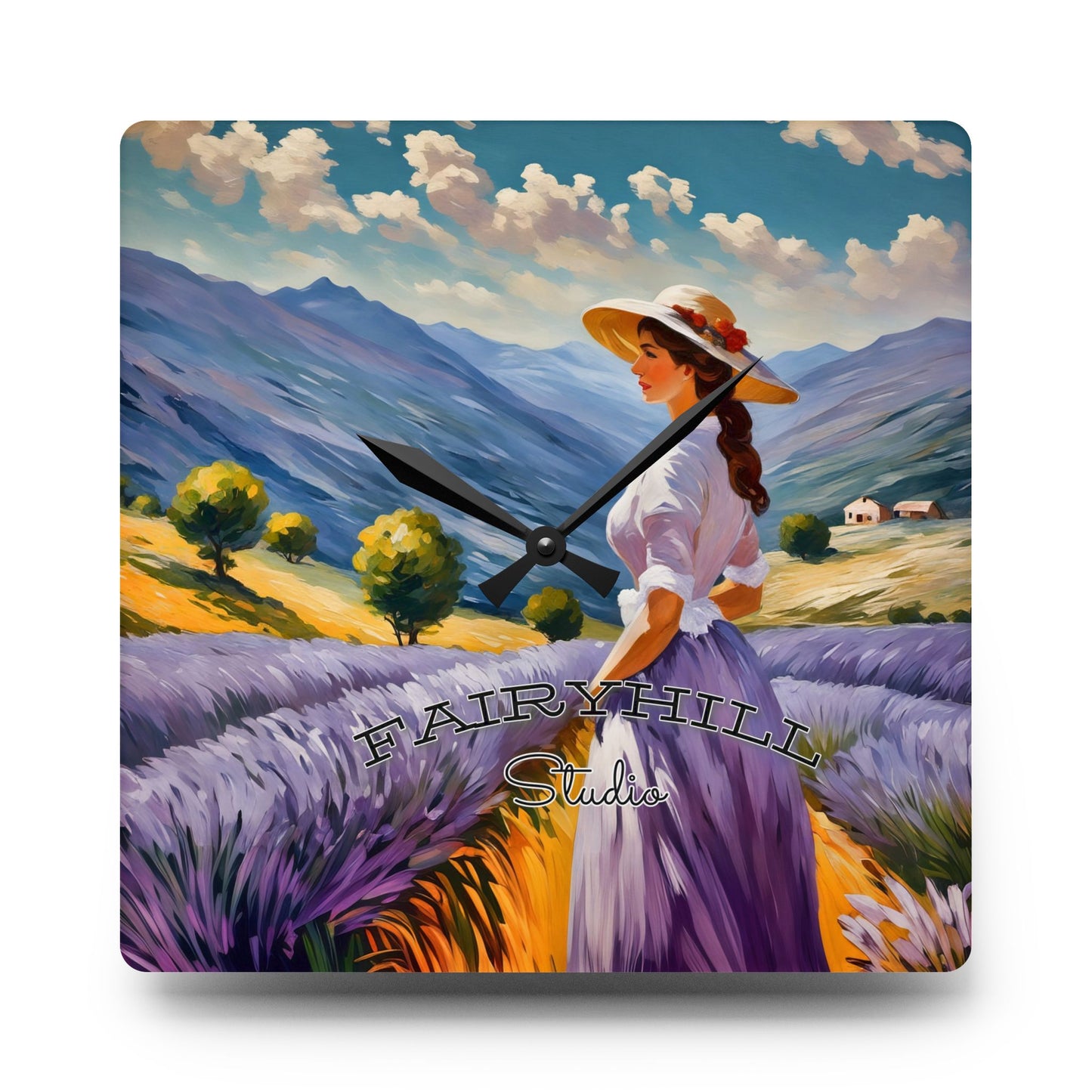 Wall Clock - Lovely Lady with Summer Hat Lavender Long Dress in Lavender Field Art by Fairyhill Studio