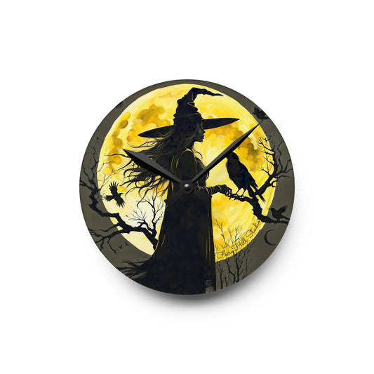 Wall Clock Moon Witch and Crow Halloween Decor