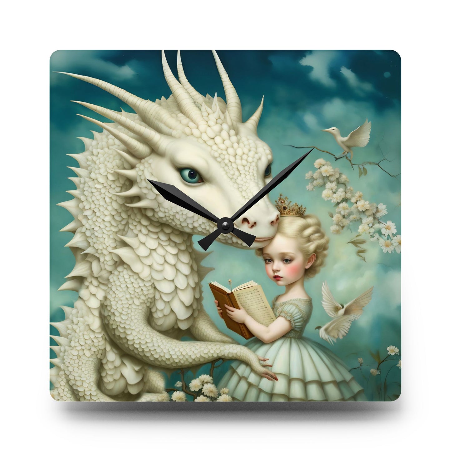Acrylic Wall Clock Girl with a White Dragon Art
