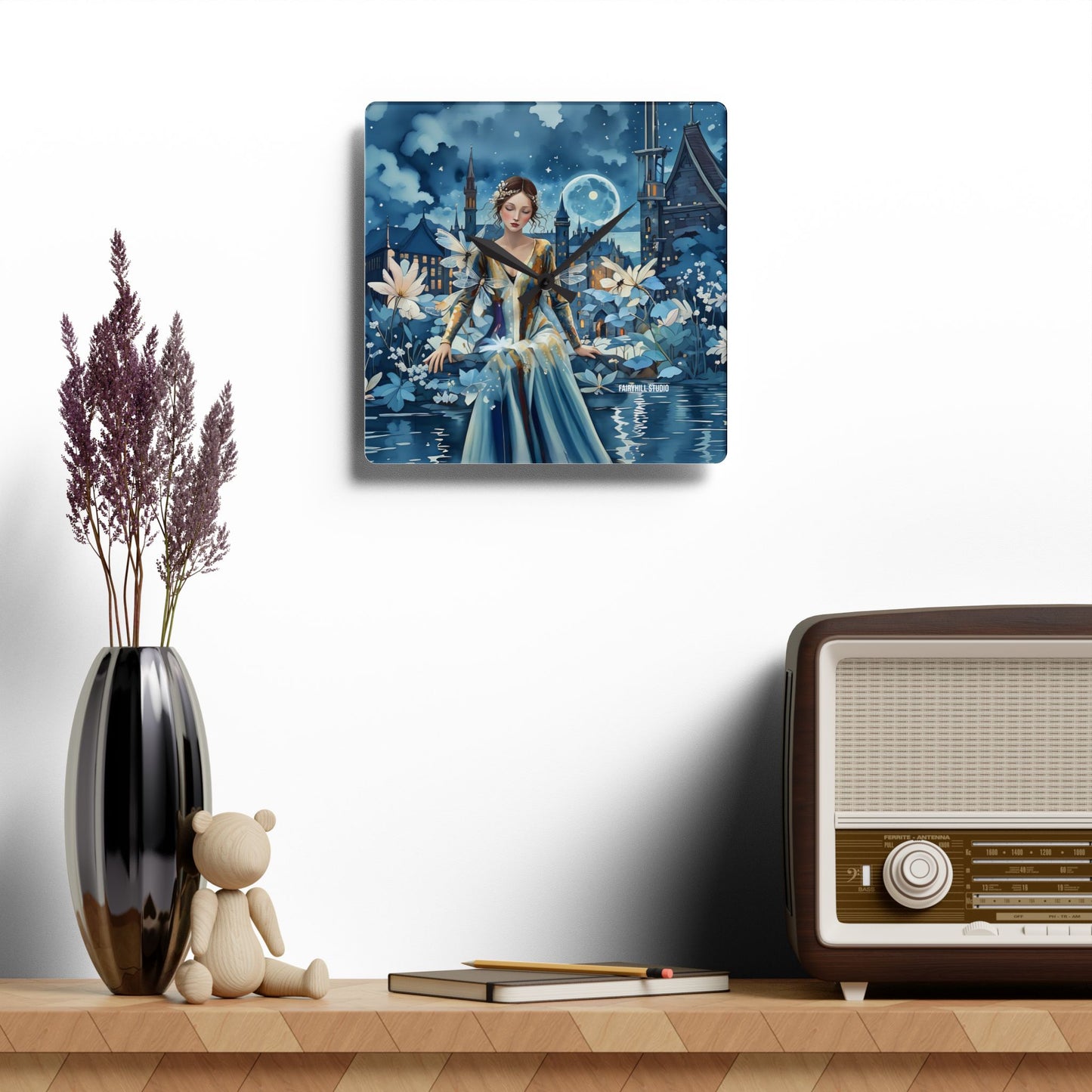 Acrylic Wall Clock Beauty in Blue with dragonflies /Art