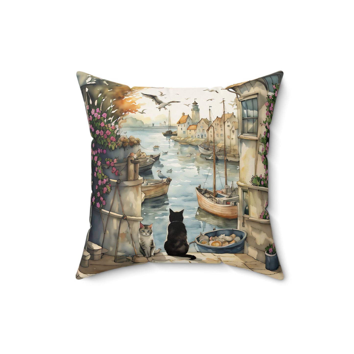 Harbour Cats Square Pillow - by Fairyhill Studio