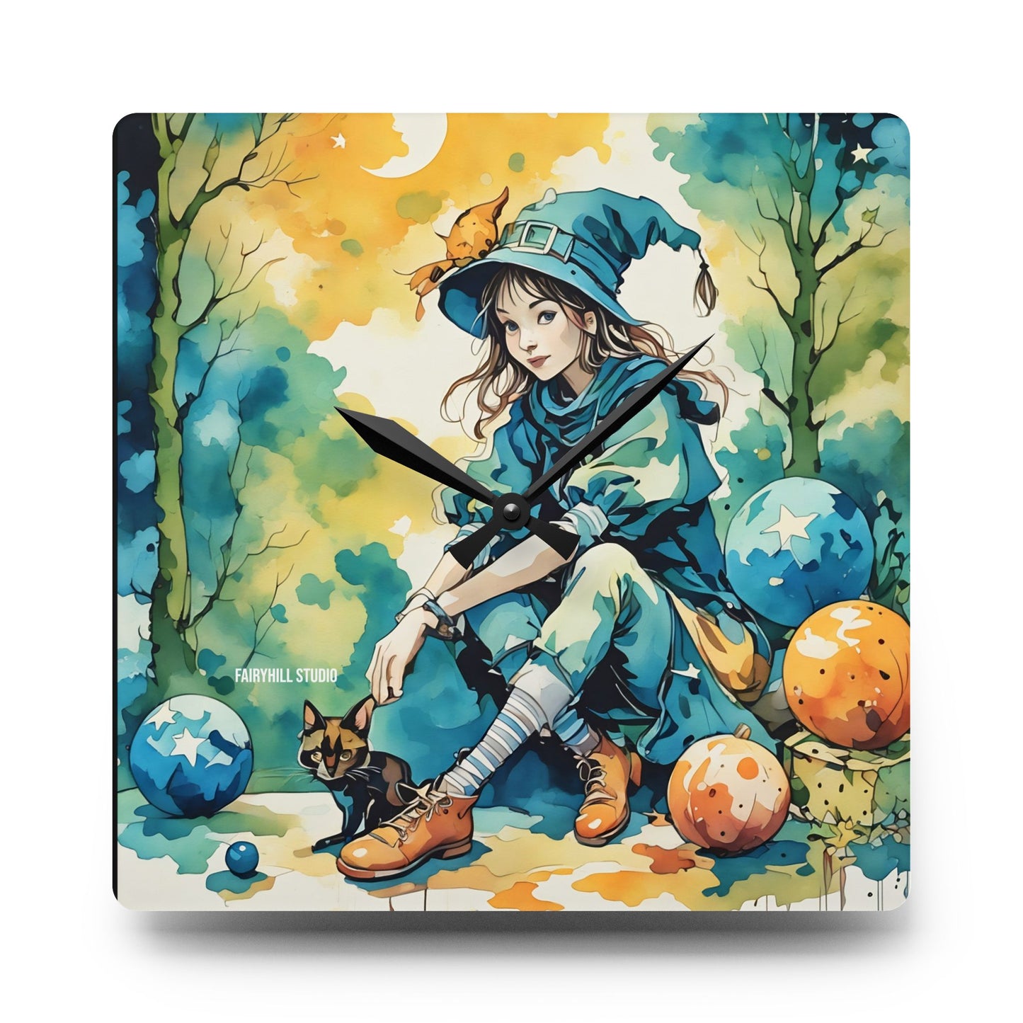 Acrylic Wall Clock -Girl with cat Art