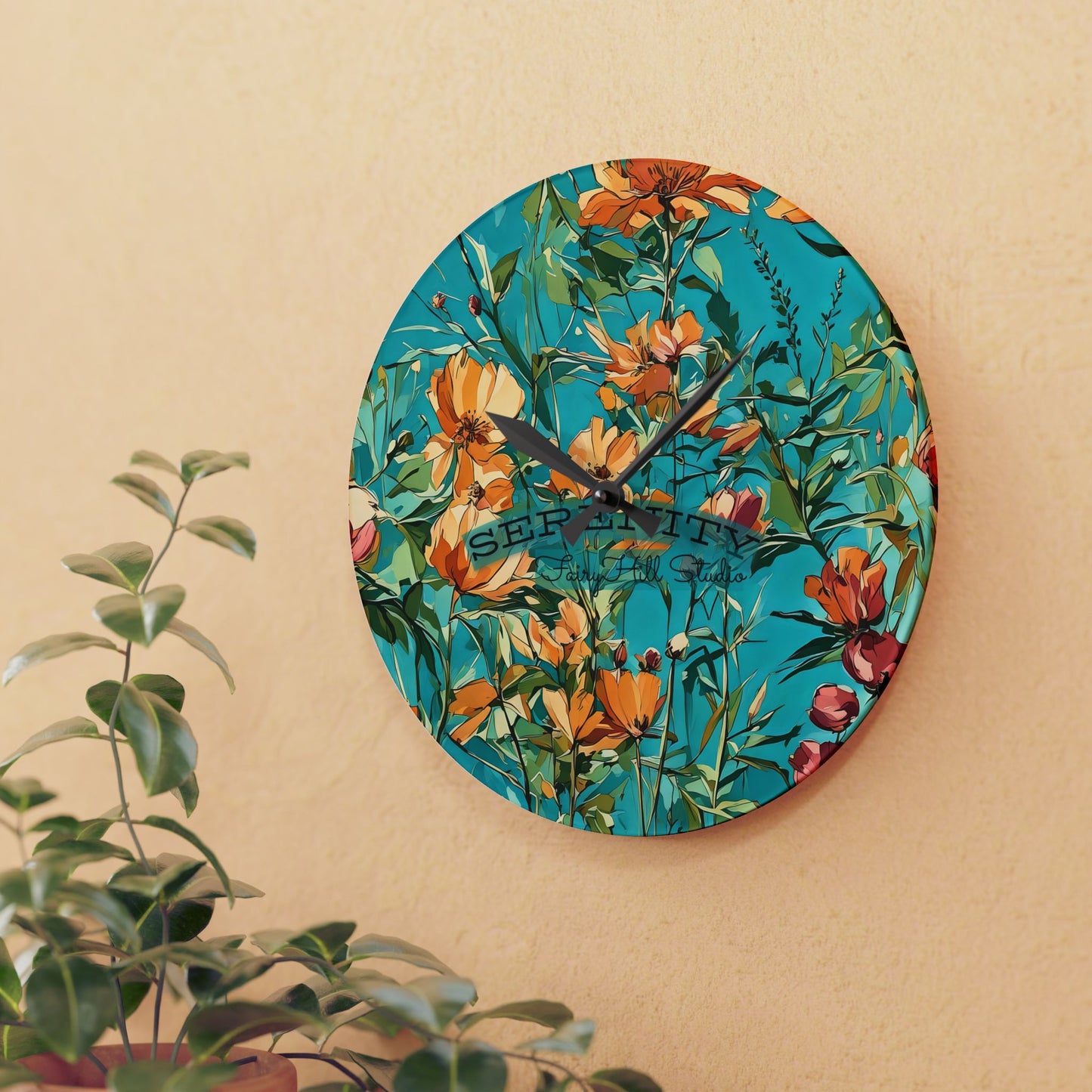 Acrylic Wall Clock blue orange wild flowers