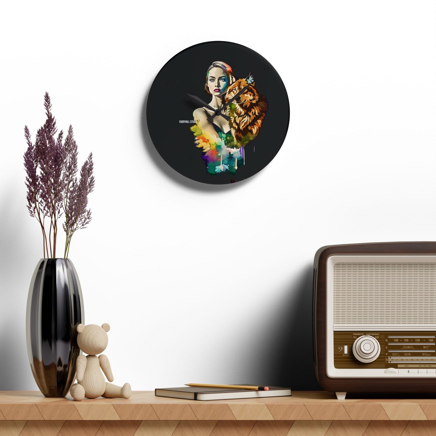Acrylic Wall Clock -Girl with Spirit Animal Wolf/Art