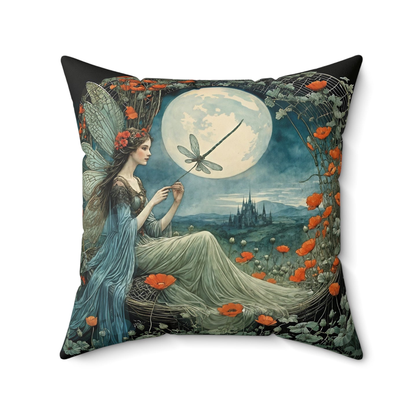 Dragonfly Moon Fairy Mindfulnes Square Pillow - by Fairyhill Studio