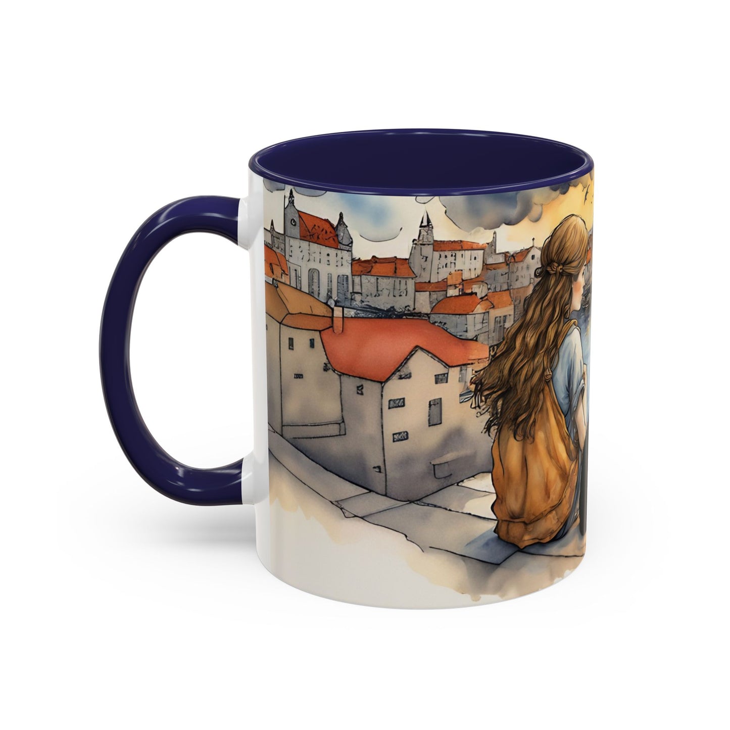Girl with Black cat on a roof top Art-Themed Coffee Mug - 11 & 15oz Accent Mug for Musroom Fsiry Lovers