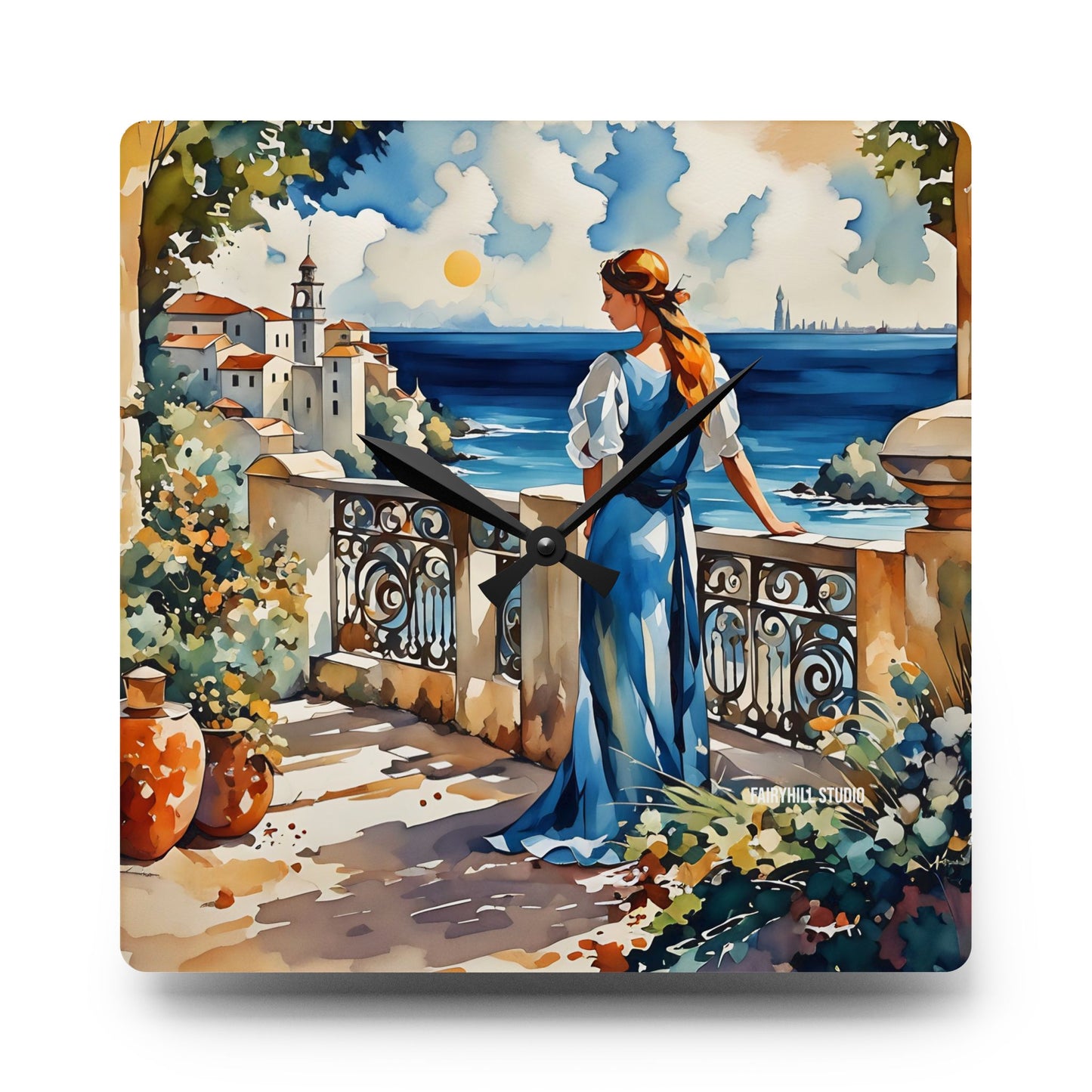 Acrylic Wall Clock - Mediterranean Balcony Sea View Watercolor Art