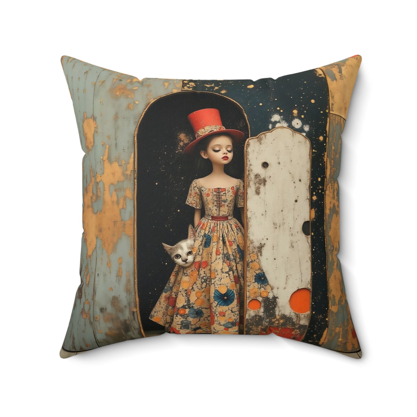 The Cat, the Hat, and the Looking Glass l Square Pillow - by Fairyhill Studio