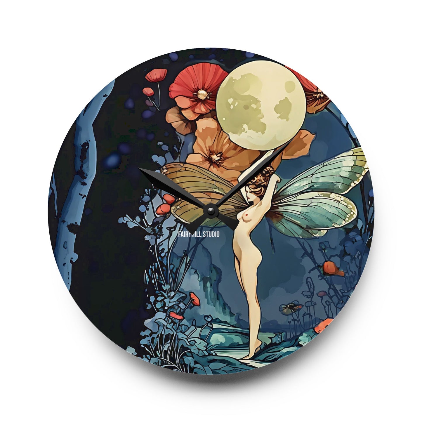 Wall Clock - Moon Fairy Holding Moon amongst Red Poppy Flowers Scene