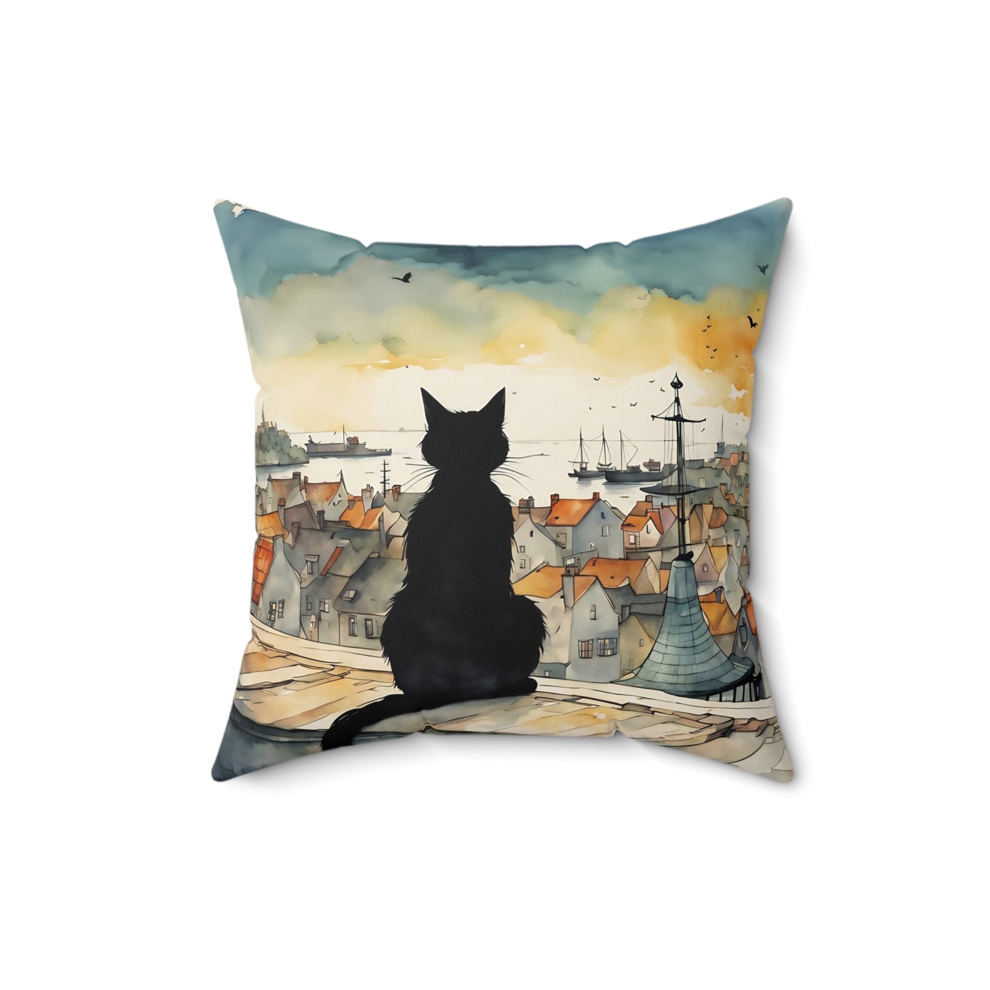 Black cat on a balcony Square Pillow - by Fairyhill Studio