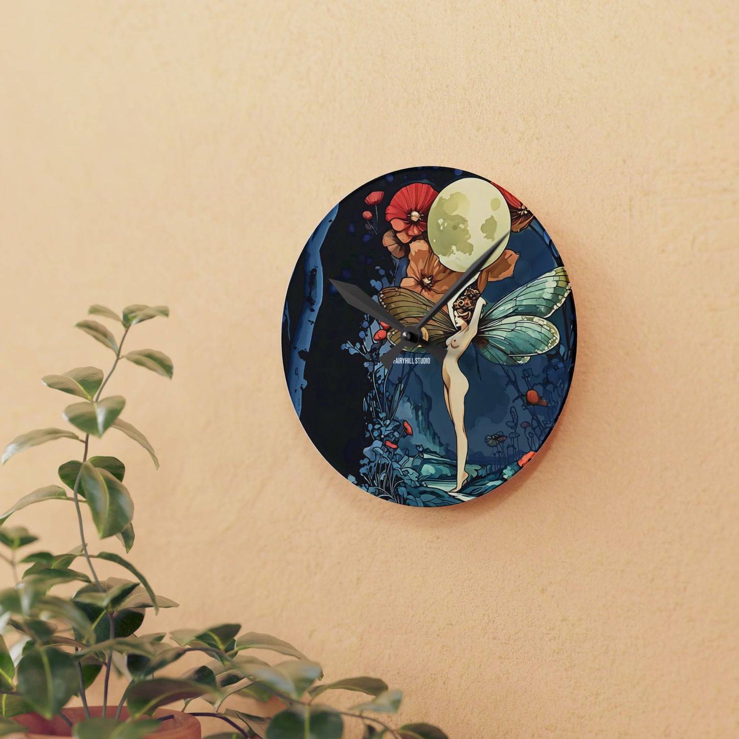 Wall Clock - Moon Fairy Holding Moon amongst Red Poppy Flowers Scene