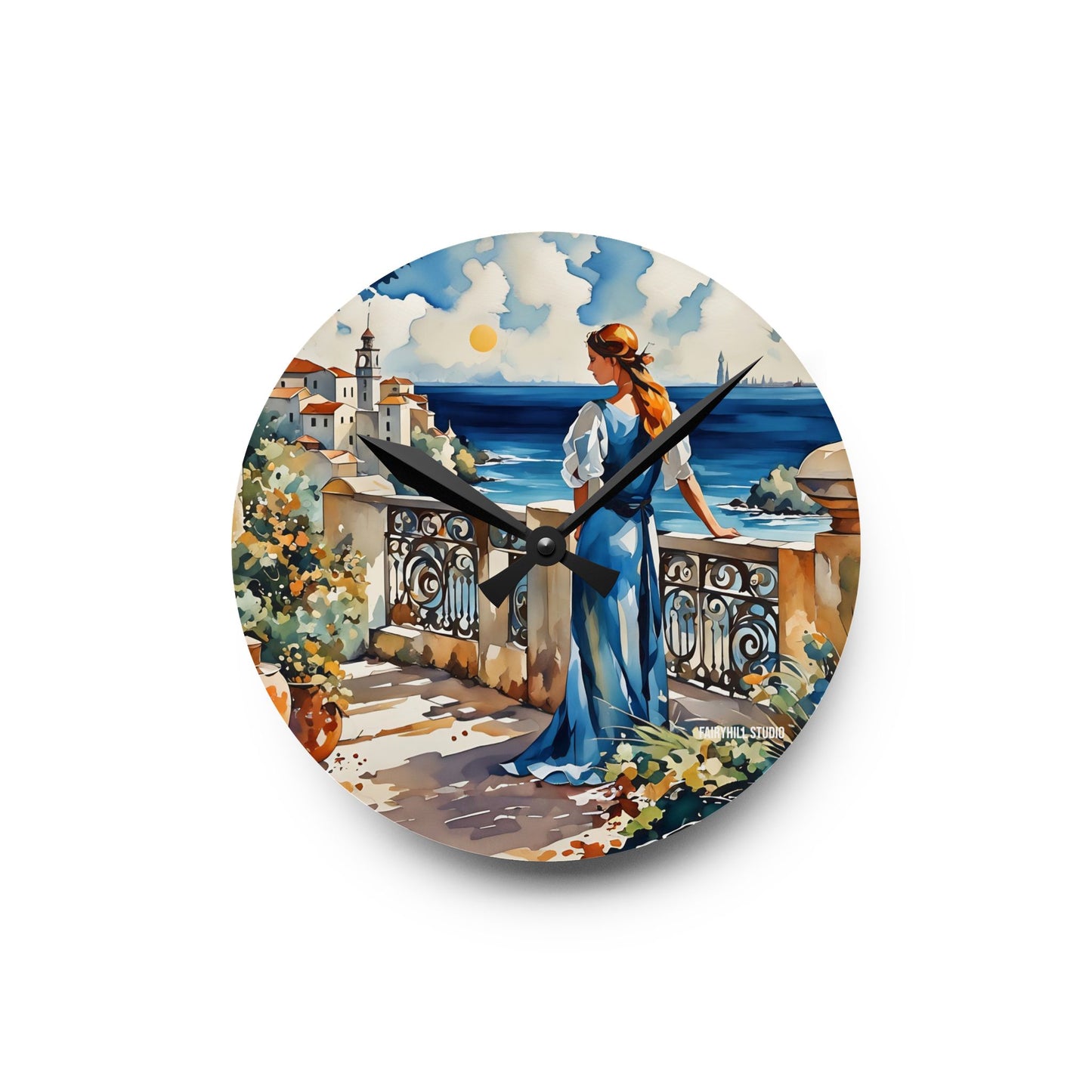 Acrylic Wall Clock - Mediterranean Balcony Sea View Watercolor Art
