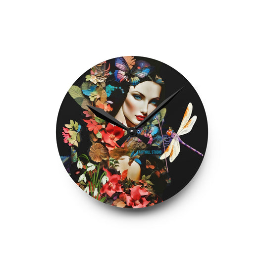 Acrylic Wall Clock -Lady in Nature with a Dragonfly /Art