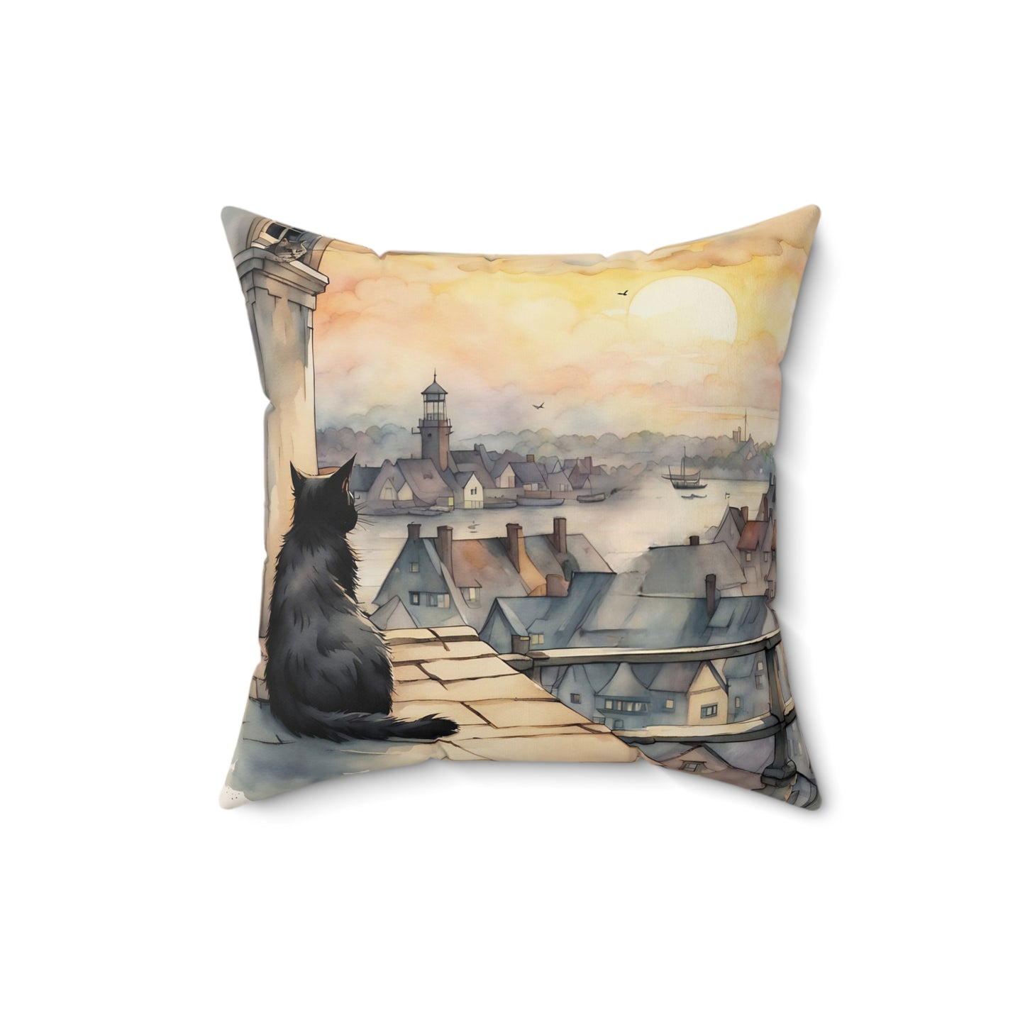 Black cat on a rooftop Square Pillow - by Fairyhill Studio