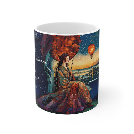 Mug - Girl Watching City Lights Snowing Night with Hot Air Balloons