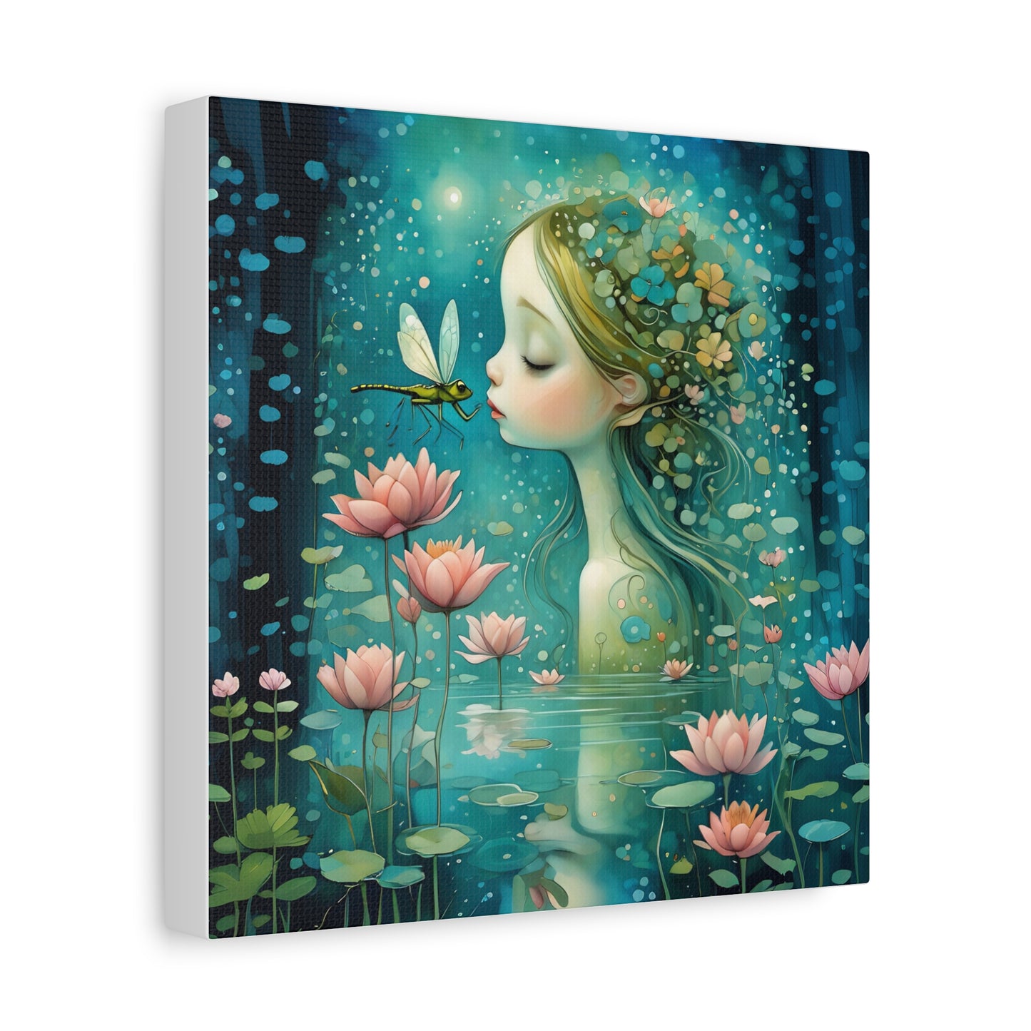 Whimsical Water  Fairy with a dragonfly Canvas Art - Enchanting Home Decor for Nature Lovers