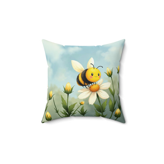 Square Pillow - Cute Honey Bee in Flower Garden by Fairyhill Studio