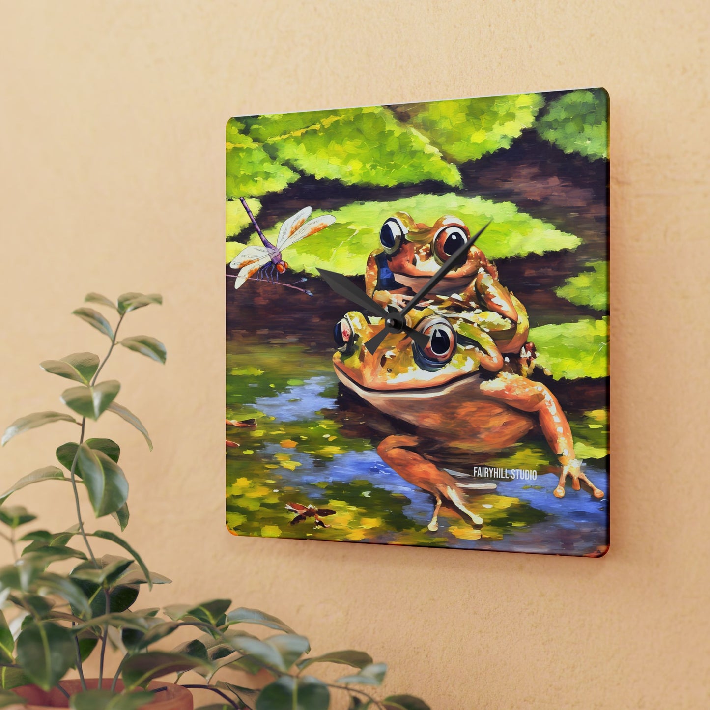 Wall Clock - Frogs and a Dragonfly in a Pond Acrylic Wall Clock