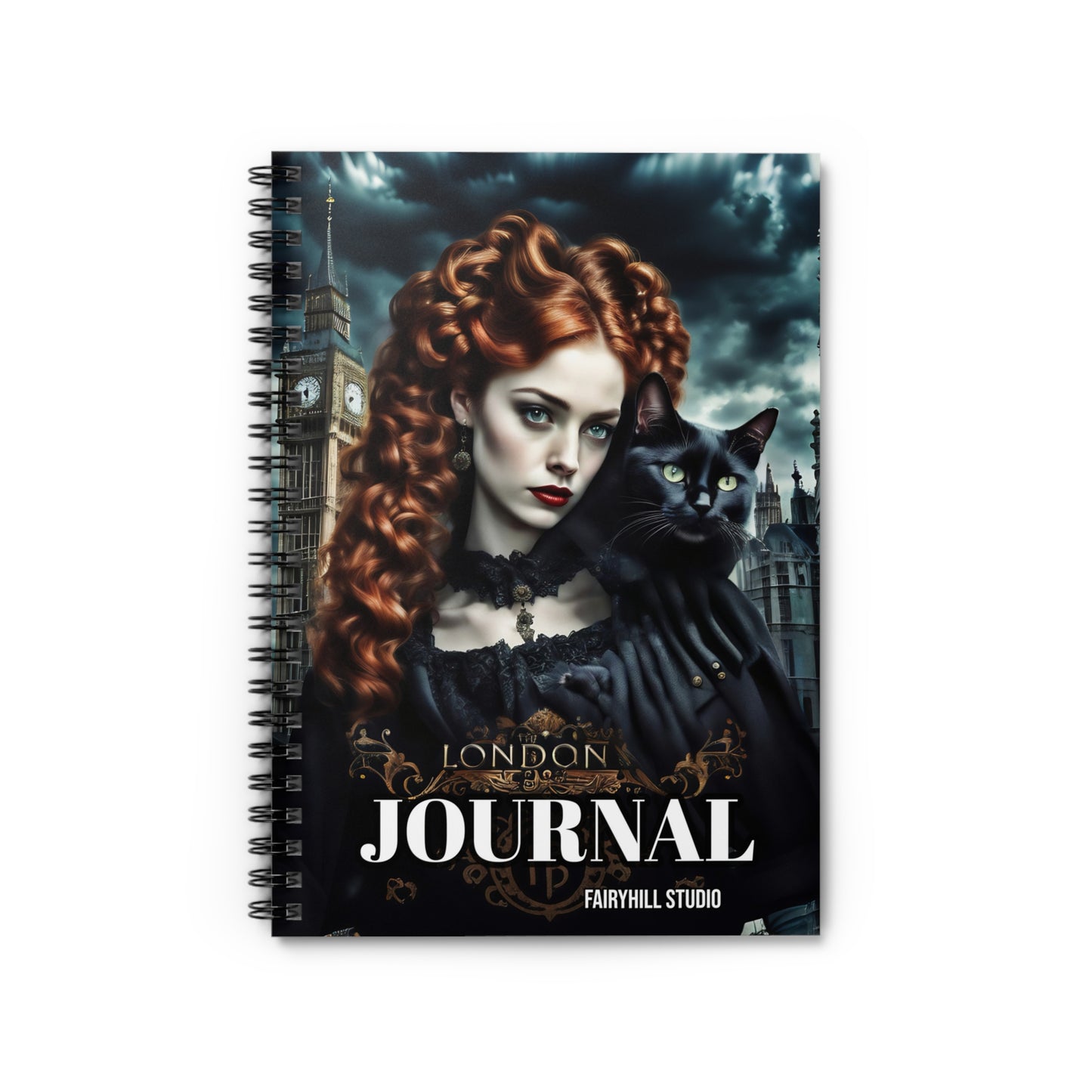 Ruled Line Journal - Gothic Woman with Black Cat in London Art