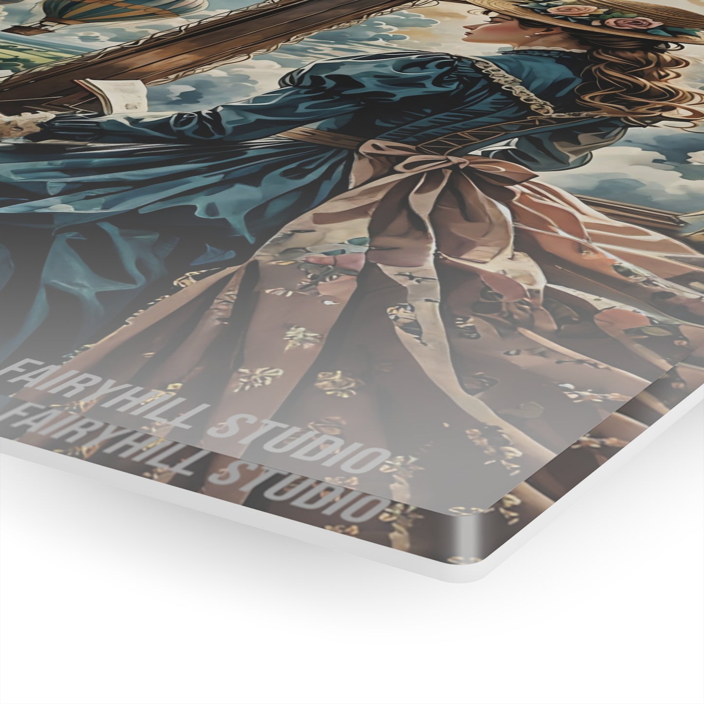 Wall Art Acrylic Print - Girl with Victorian Dress and Hot Air Balloons