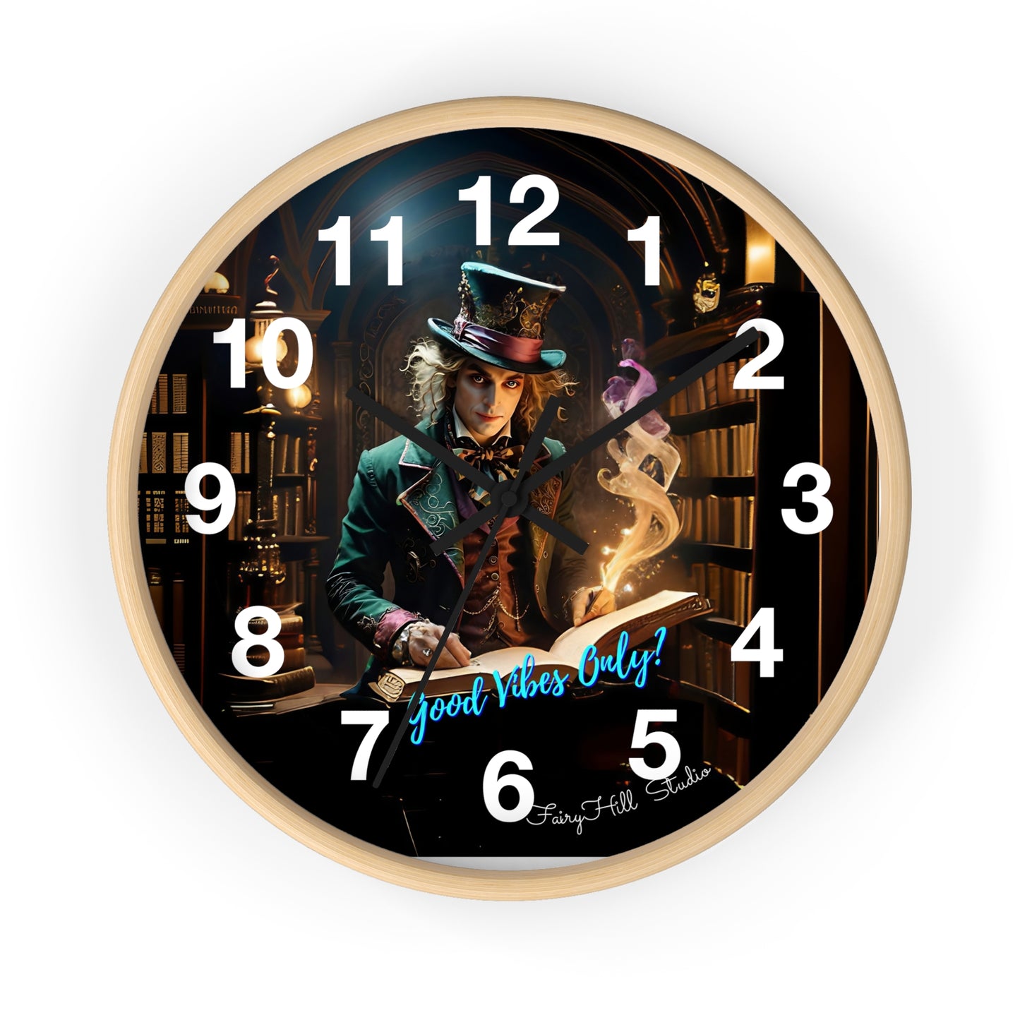 Whimsical Wall Clock - Good Vibes Only, Mad Hatter in a  Library Design