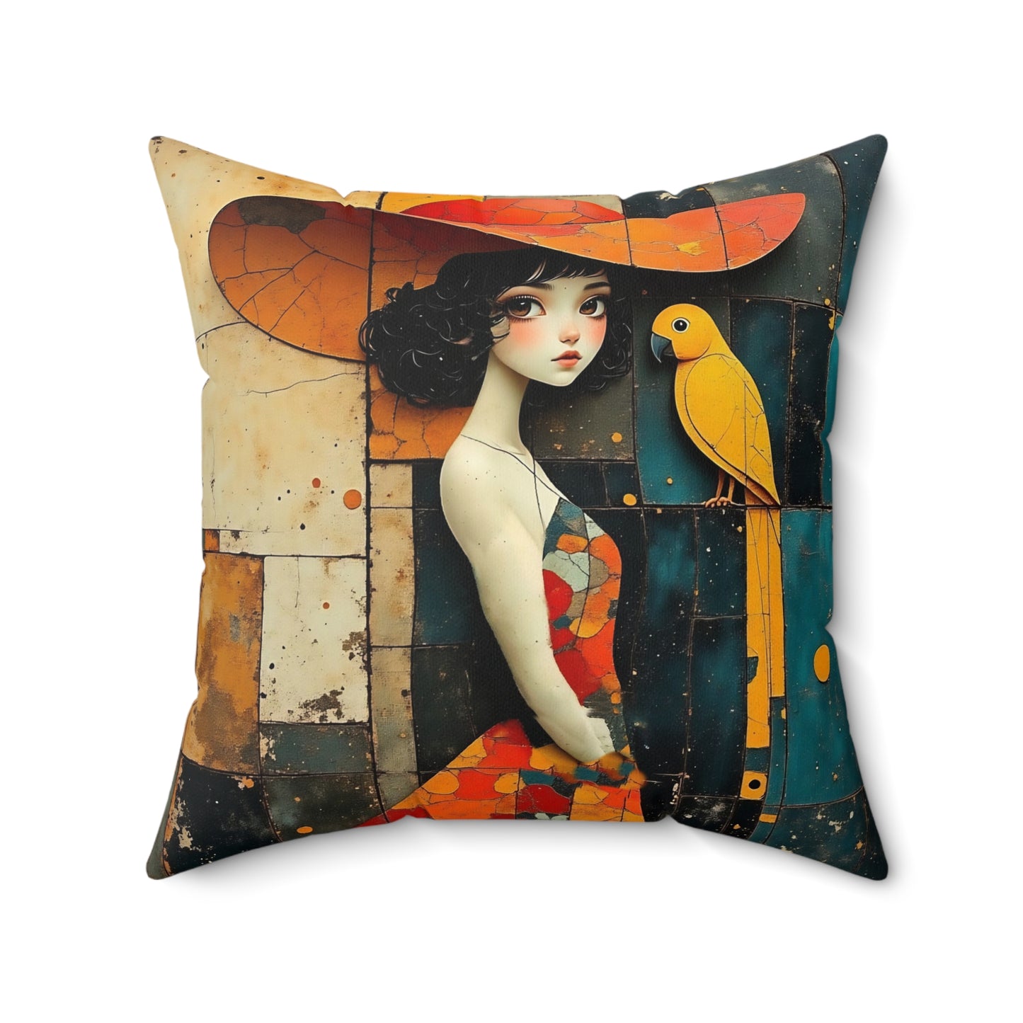 Girl with a yellow parrot Square Pillow - by Fairyhill Studio