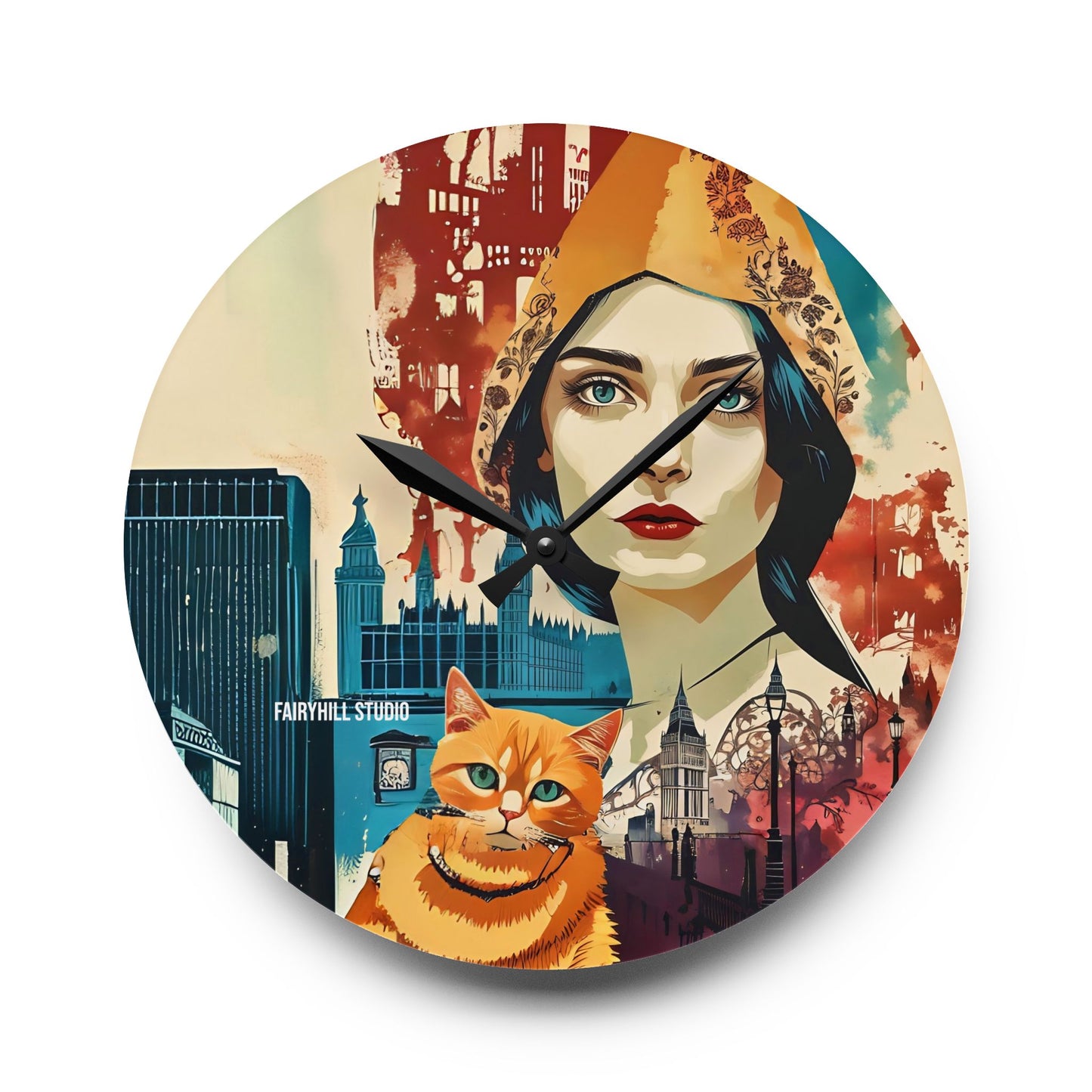 Acrylic Wall Clock - Yellow cat in London /Art