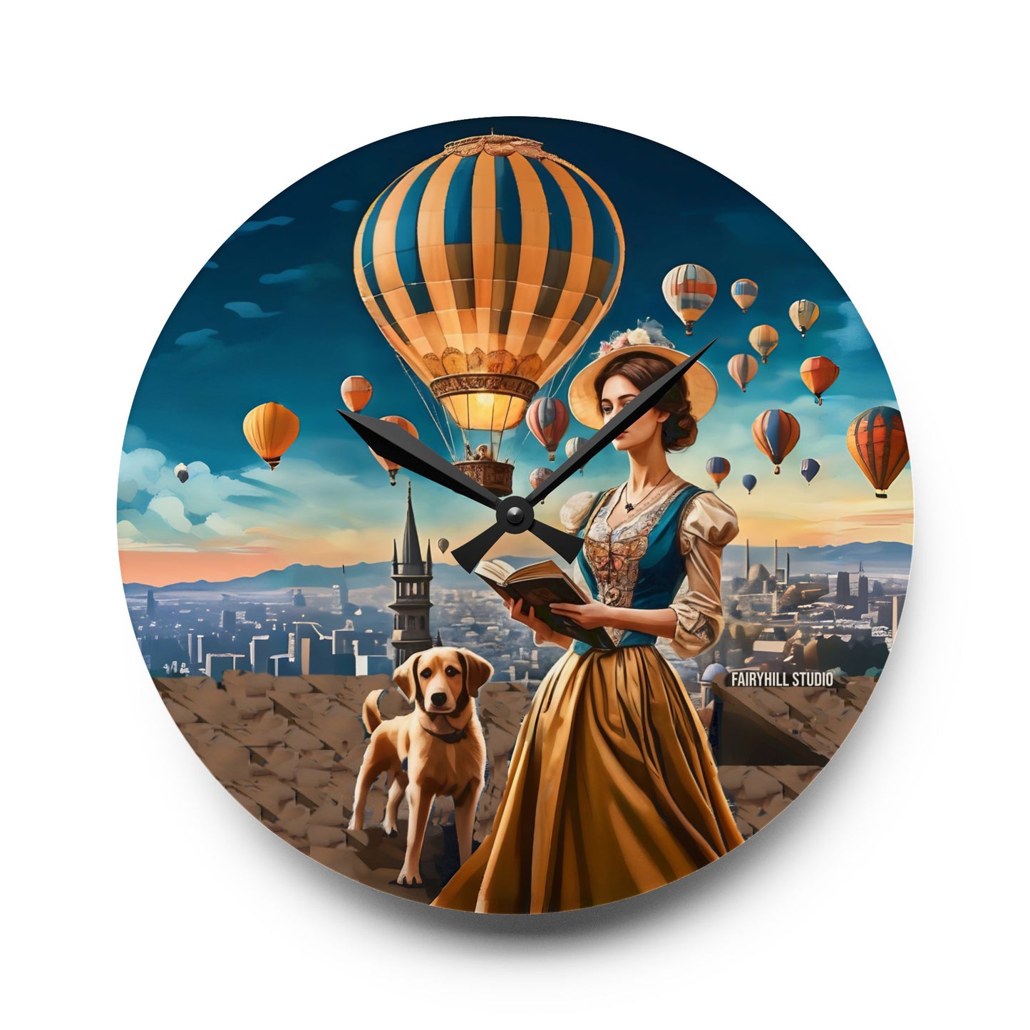 Wall Clock - Hot Air Balloons and Victorian Girl Reading with Dog Design