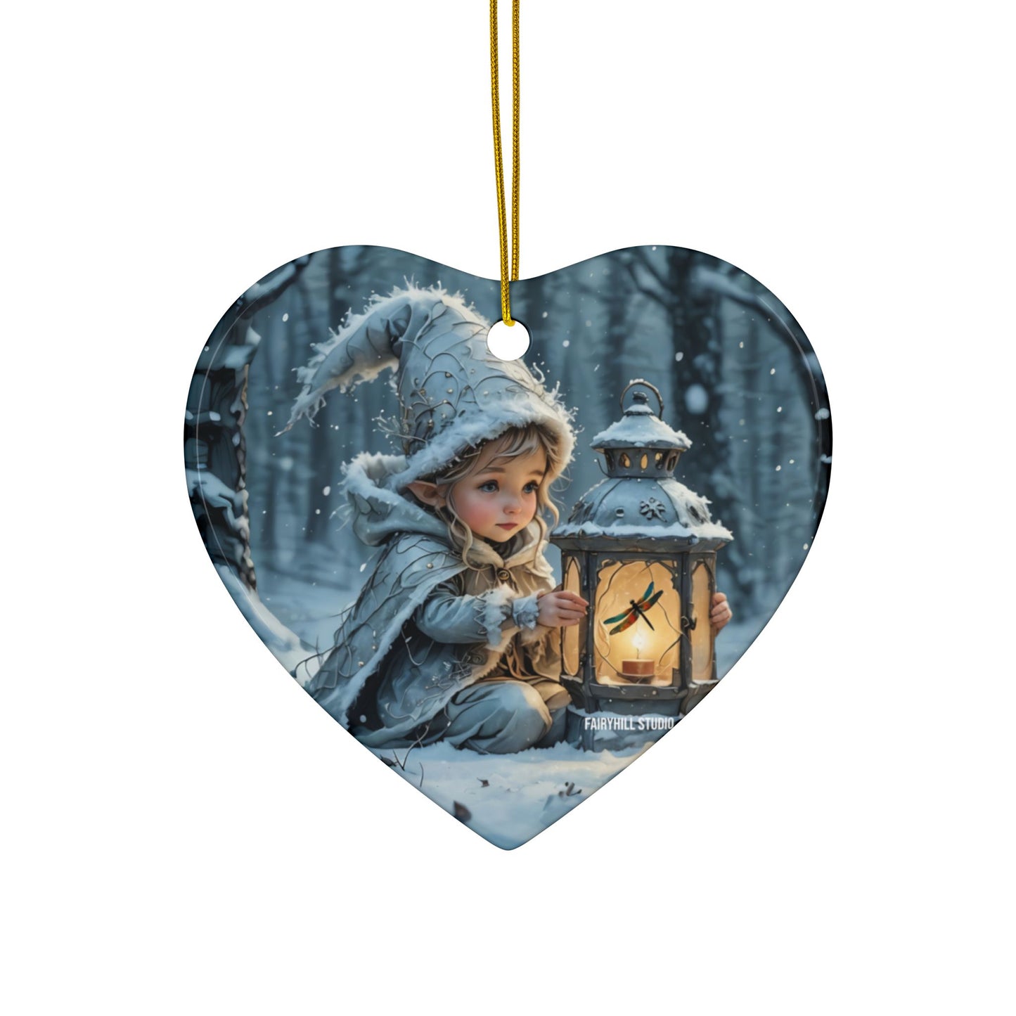 Ceramic Ornaments - Magical Holiday Elf with Dragonfly Lantern Art