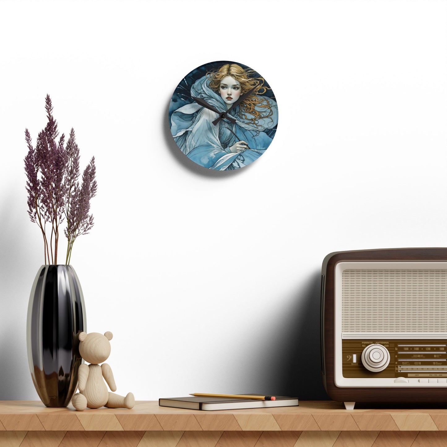 Acrylic Wall Clock Blue fairy with a dragonfly art by Fairyhill studio