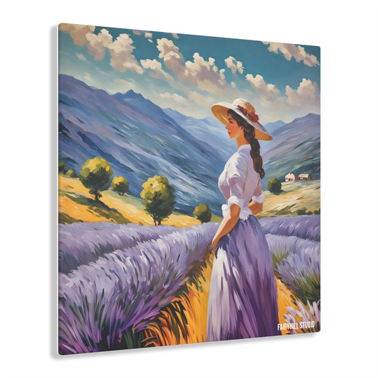 Art Acrylic Prints - Lavender Field Summer Hat Girl Oil Impressionist Style