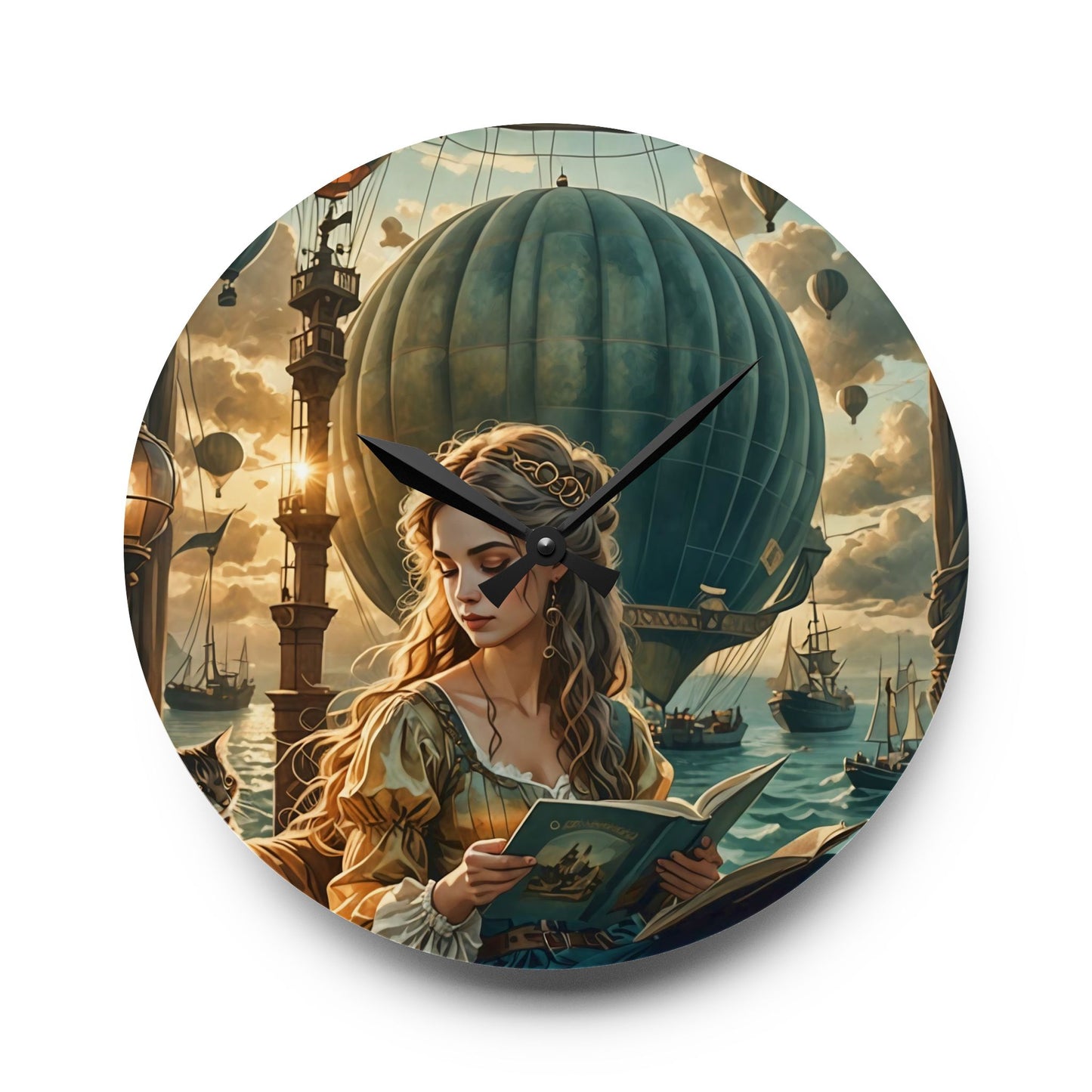 Hot Air Balloons and Girl reading a book to a cat Acrylic Wall Clock