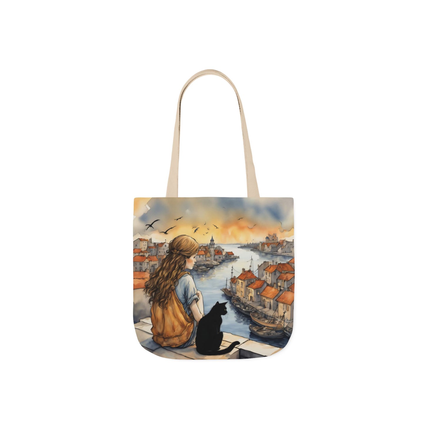 Girl with a Black cat on a roof top FairyHill Studio Red phone- Canvas Tote Bag - Perfect for Beach Days, Eco-Friendly Shopping, and Summer Fun!