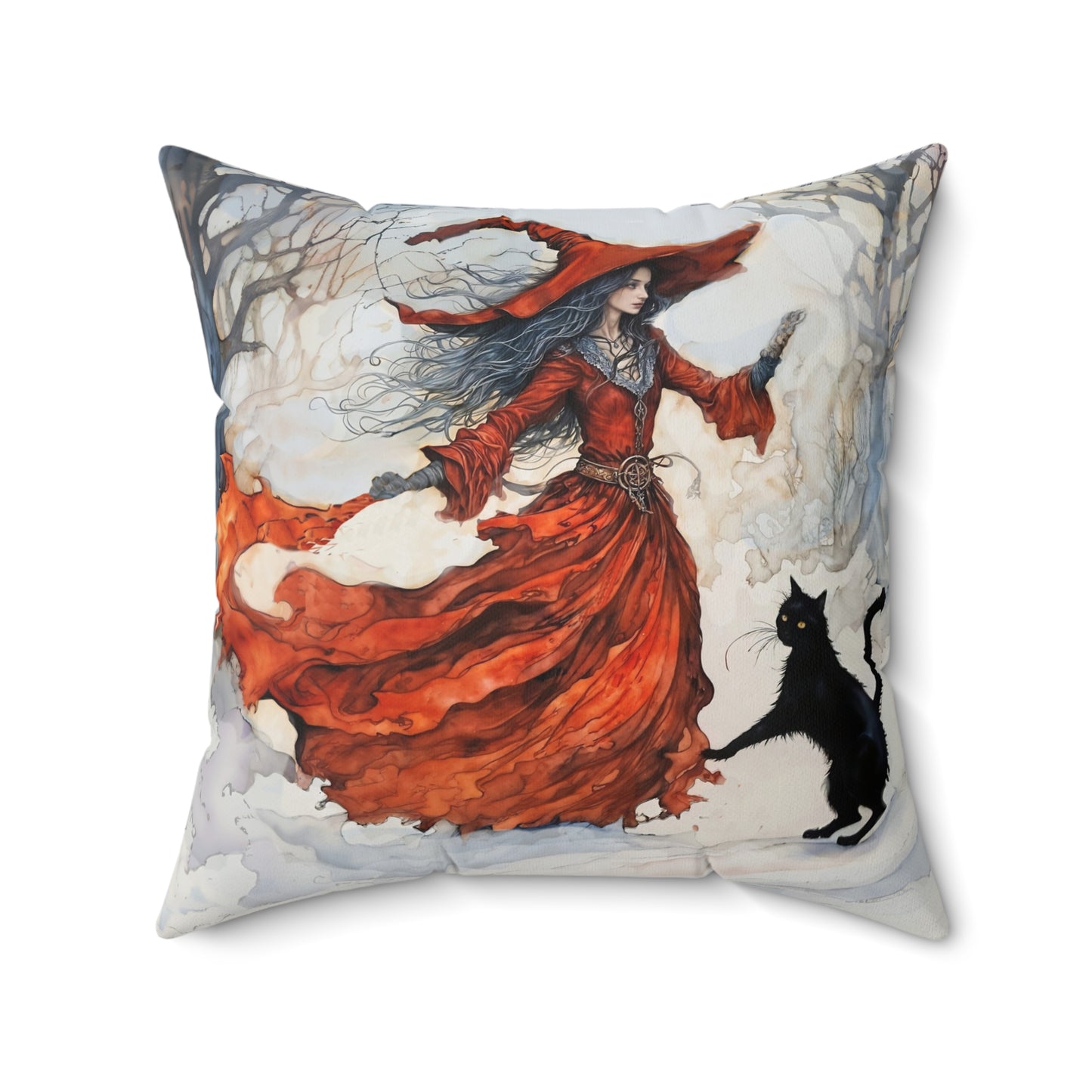 Crimson snow witch with black cat pillow  Square Pillow - by Fairyhill Studio