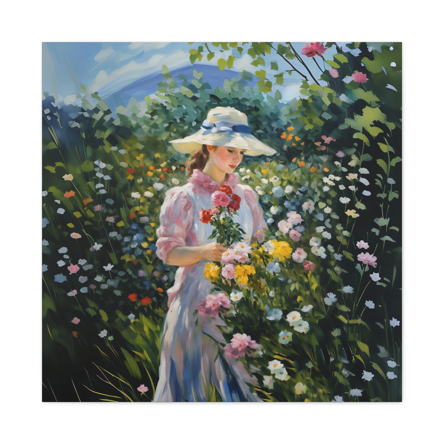 Canvas Art - Monet Style Floral Serenity with Elegant Woman and Flower Basket, Stretched Matte 1 25"