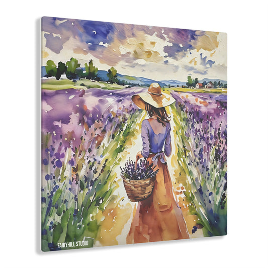 Acrylic Print - Girl in Lavender Field Watercolor Art Gift