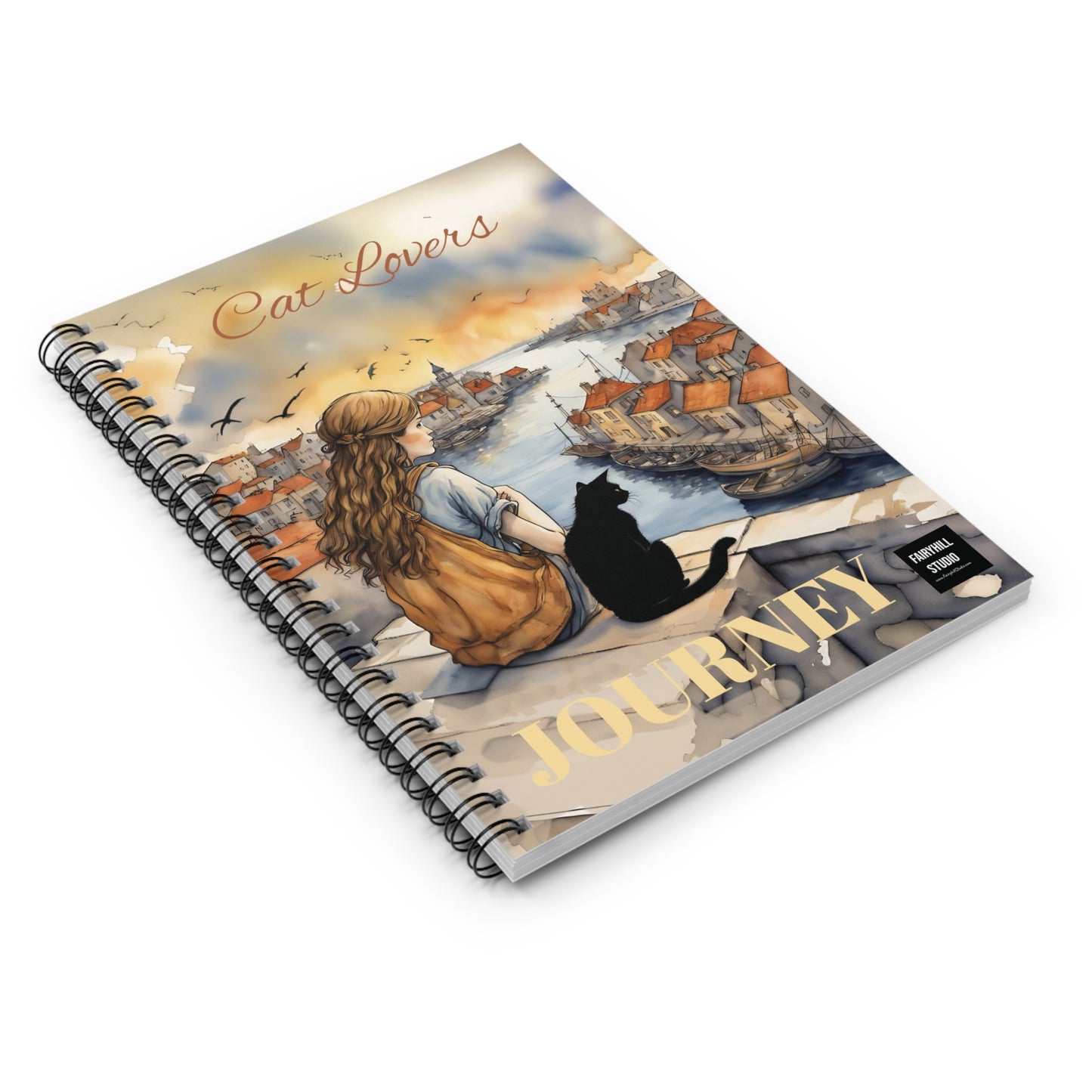 Girl with black Cat on a roof Spiral Notebook /Fairyhill studio
