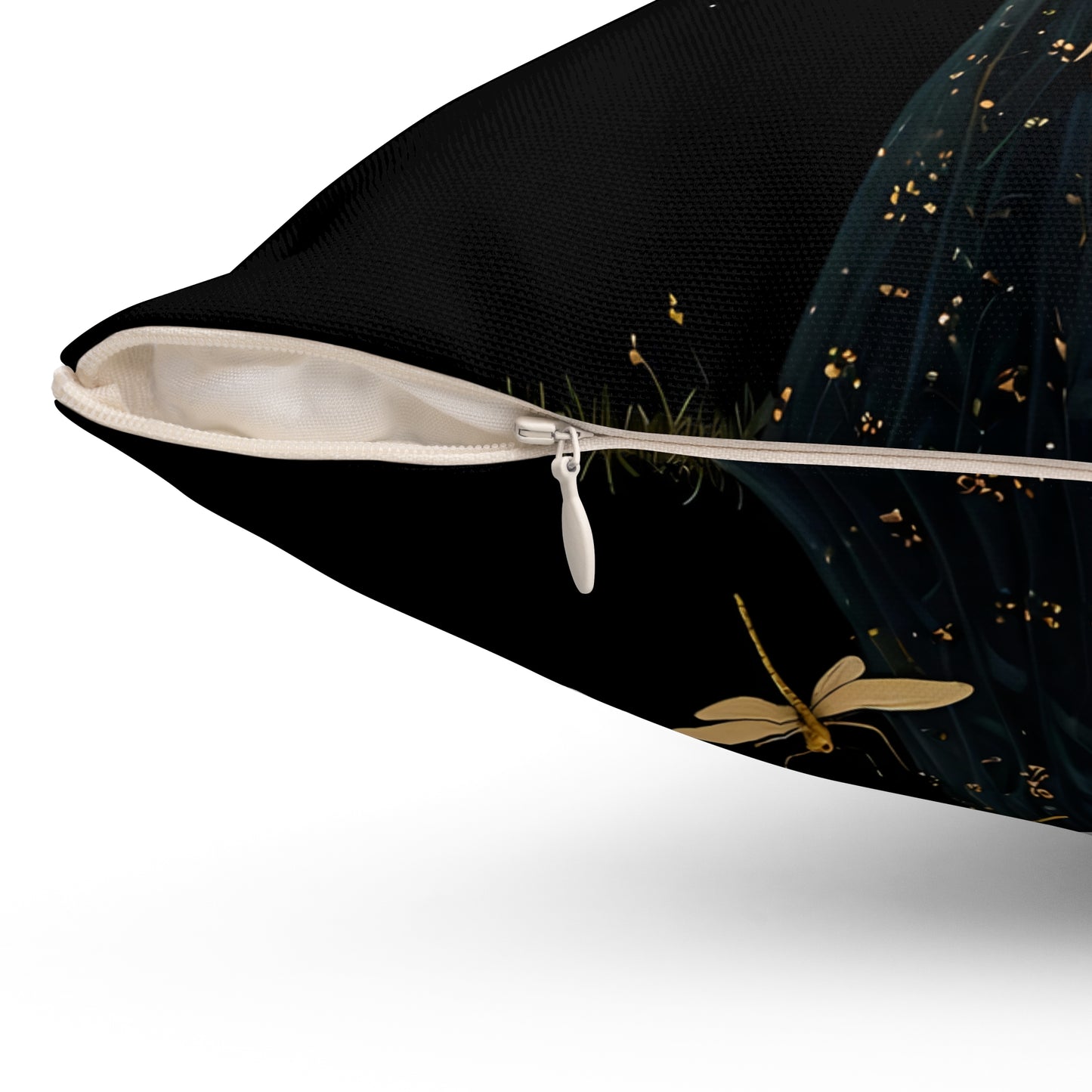 Square Pillow - Midnight Girl with Golden Dragonflies at Night Art by Fairyhill Studio