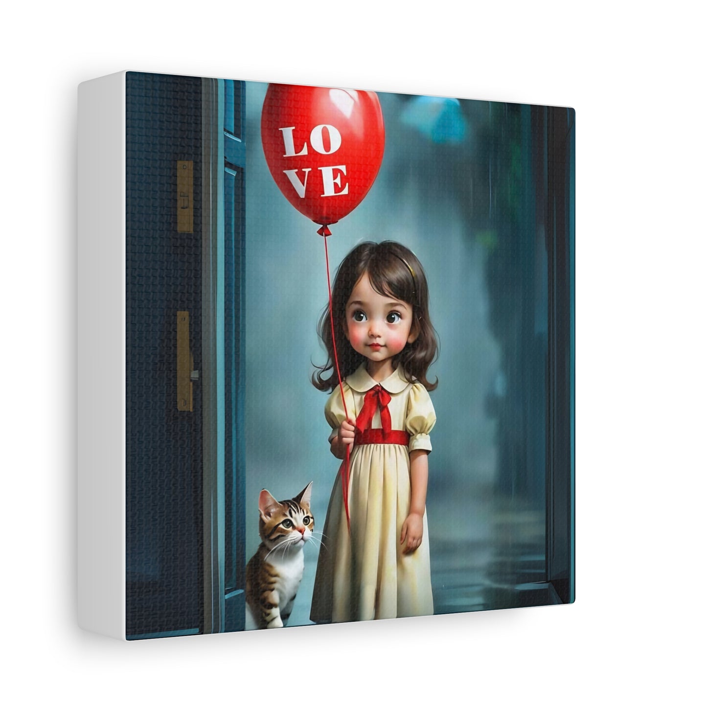 Canvas Print - Cute Girl with Red Love Balloon and Cat Art by Fairyhill Studio