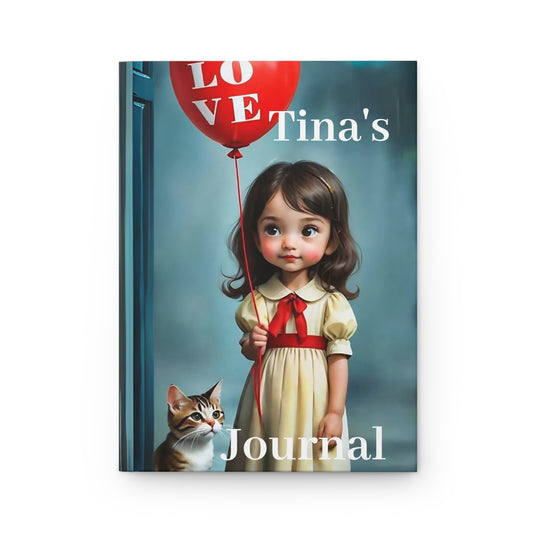 Hardcover Journal Matte - Cute Girl with Red Love Balloon and Cat Art