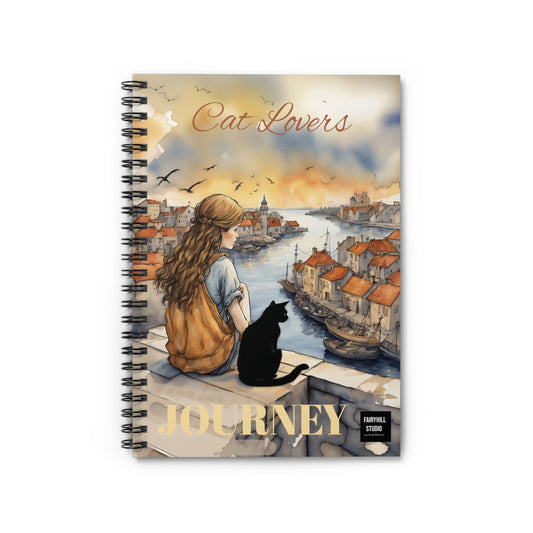 Girl with black  Cat on a roof  Spiral Notebook /Fairyhill studio