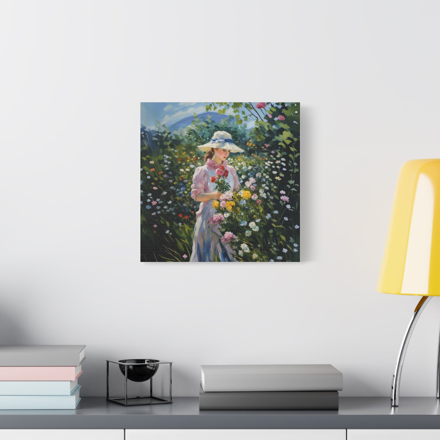 Canvas Art - Monet Style Floral Serenity with Elegant Woman and Flower Basket, Stretched Matte 1 25"