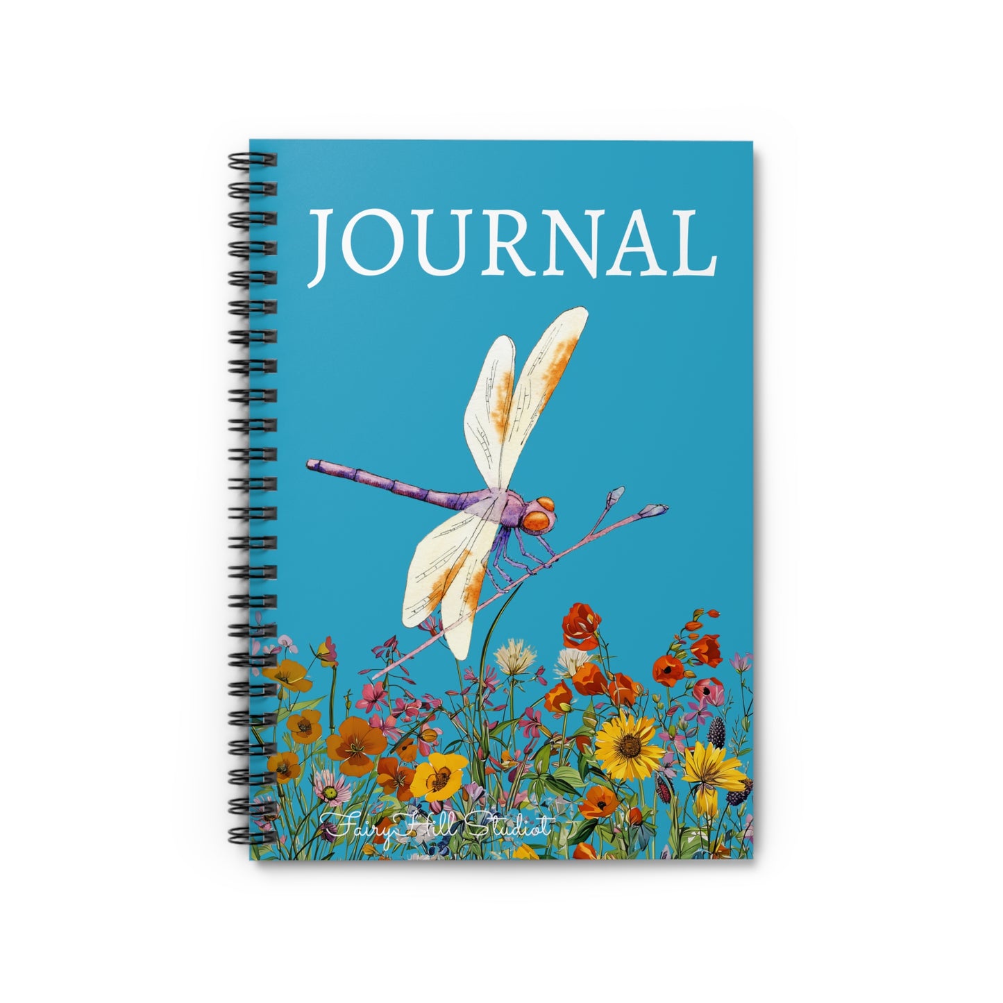 Journal Spiral Notebook - Dragonfly on Wild Flowers Aqua Background Art by Fairy Hill Studio